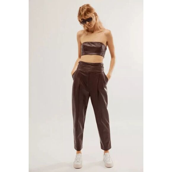 Free People Walnut Brown Faux Leather Pants Bandeau Set Size 8 NWOT - Picture 1 of 10